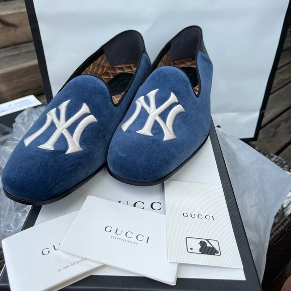 Gucci Blue Velvet New York Yankees Loafers Shoes - Picture 10 of 15